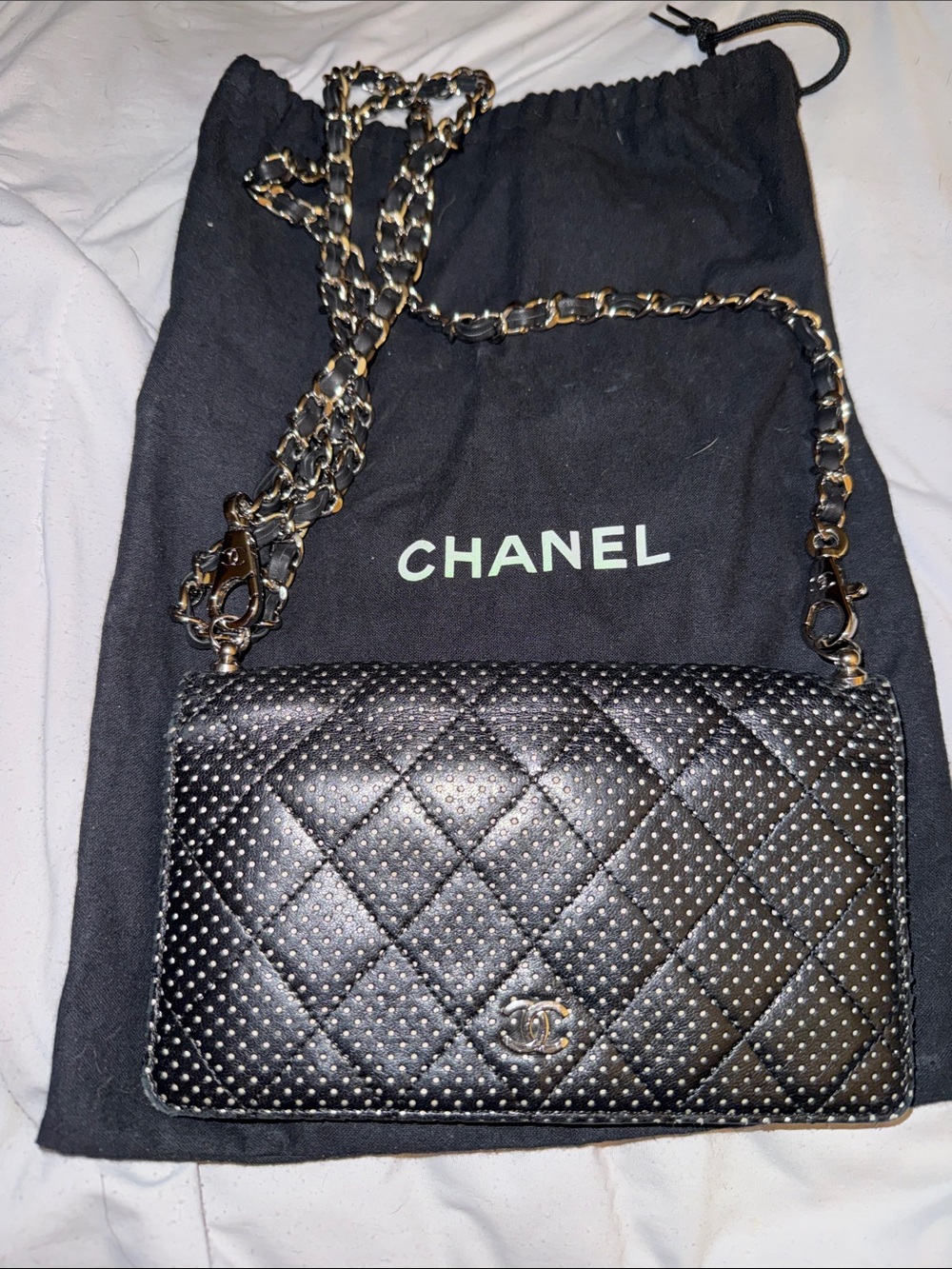CHANEL Black Quilted Studded Leather Crossbody with Gold Chain